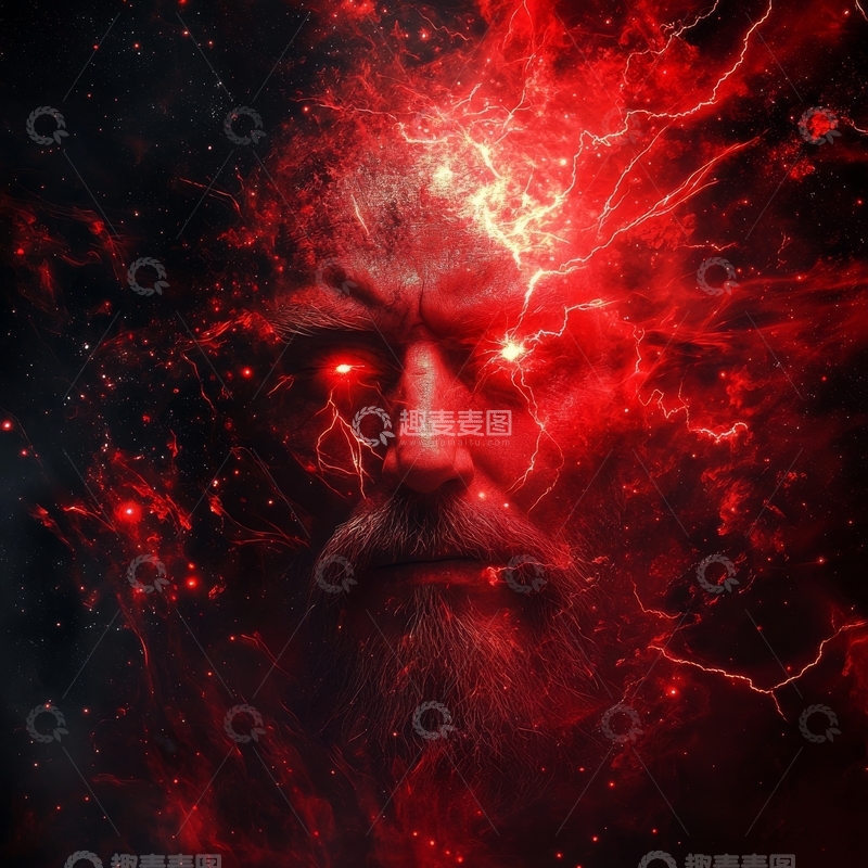 高清大图下载【趣麦麦图】神秘面孔与红色闪电交织的奇幻场景