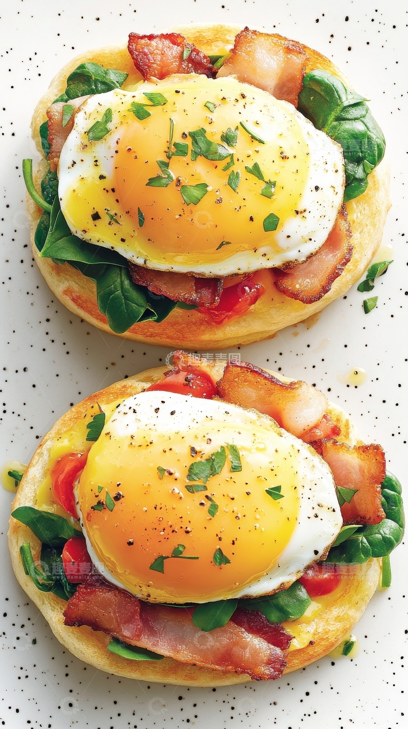 高清大图下载【趣麦麦图】煎蛋培根蔬菜开放式三明治