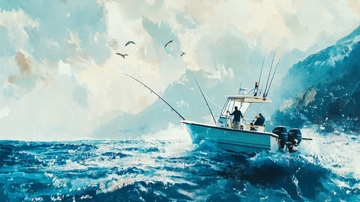 海上钓鱼船在波涛中航行