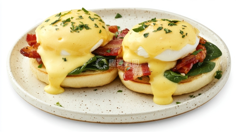 高清大图下载【趣麦麦图】两份班尼迪克蛋配荷包蛋和培根