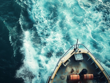 波涛汹涌海面上的船头俯视图