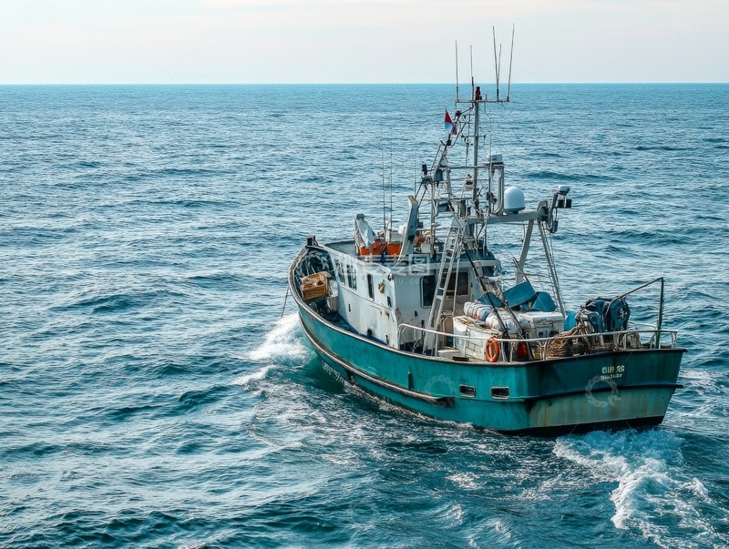 高清大图下载【趣麦麦图】海上航行的蓝色渔船