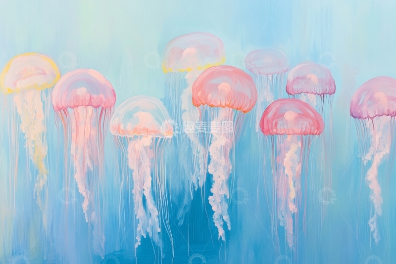 高清大图下载【趣麦麦图】梦幻水母群在蓝色海洋中漂浮