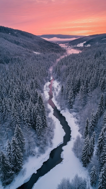 冬日森林中的蜿蜒河流