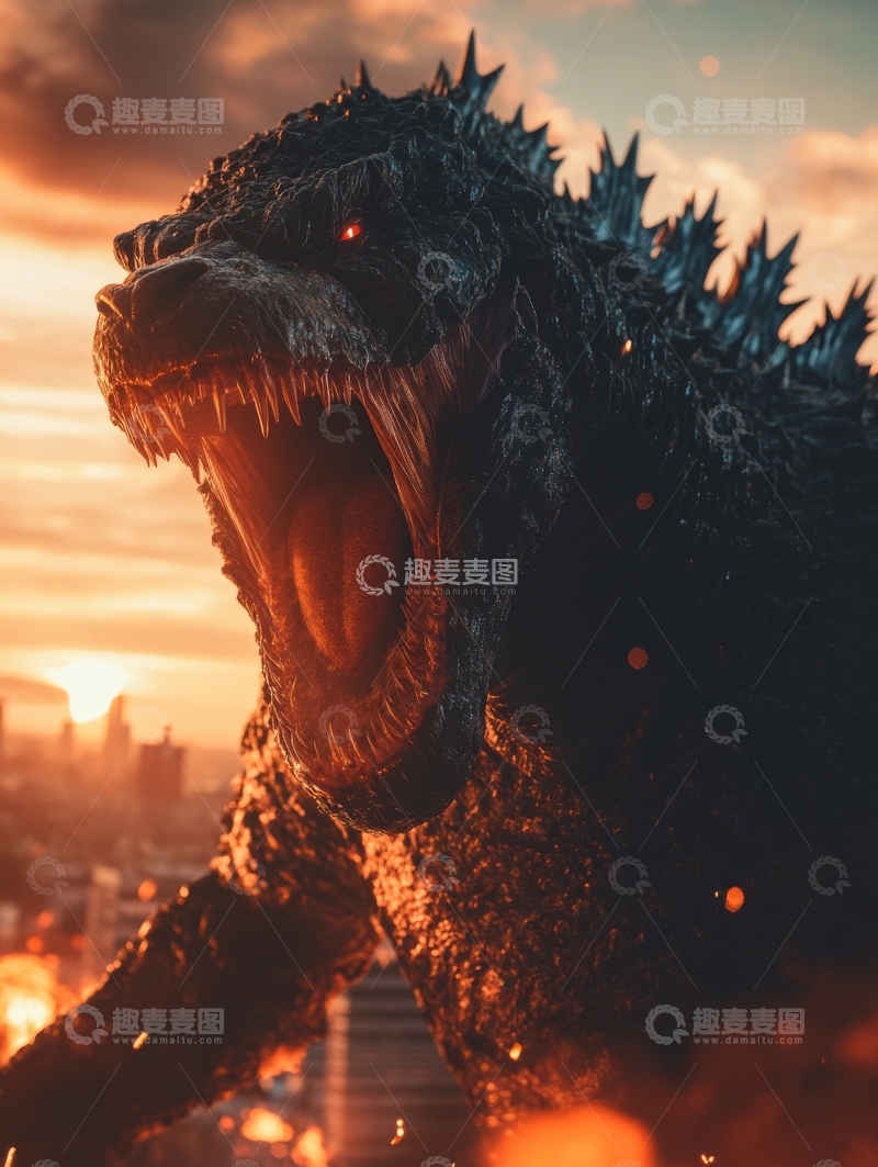 高清大图下载【趣麦麦图】巨兽怒吼，城市黄昏