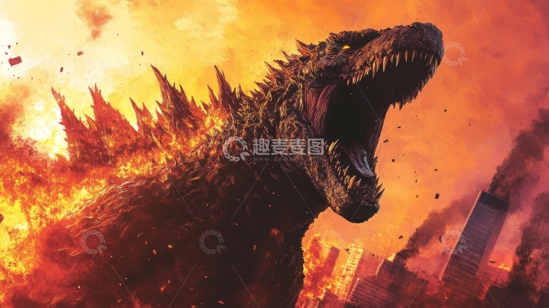 高清大图下载【趣麦麦图】巨兽怒吼，火焰吞噬城市