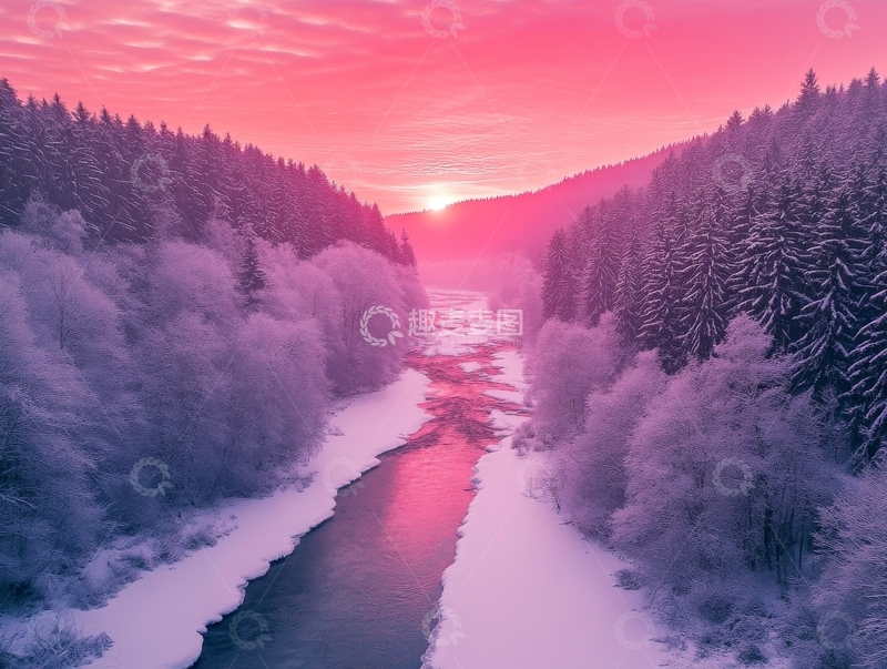 高清大图下载【趣麦麦图】冬日雪景，粉红夕阳映照山谷河流