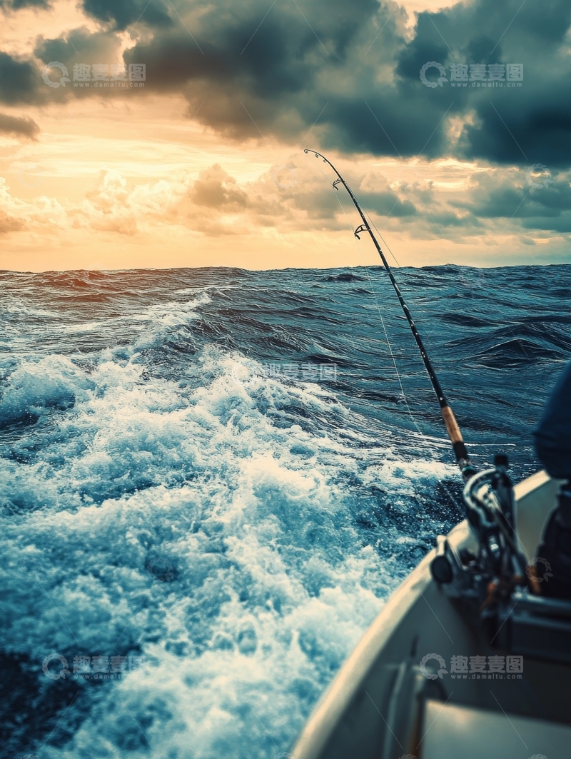 高清大图下载【趣麦麦图】海上钓鱼，夕阳下的波涛