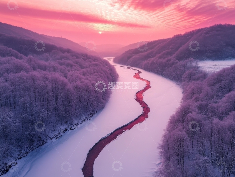 高清大图下载【趣麦麦图】冬日山谷中的粉红河流