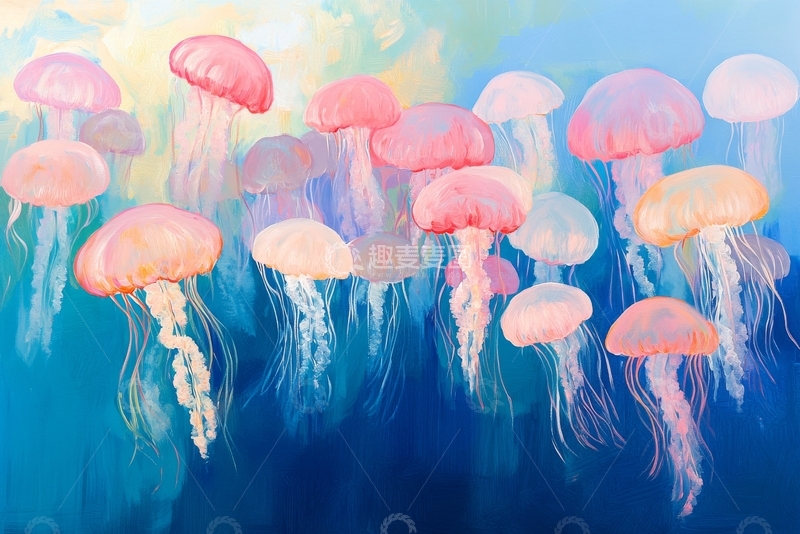 高清大图下载【趣麦麦图】梦幻水母群游动于深海之中