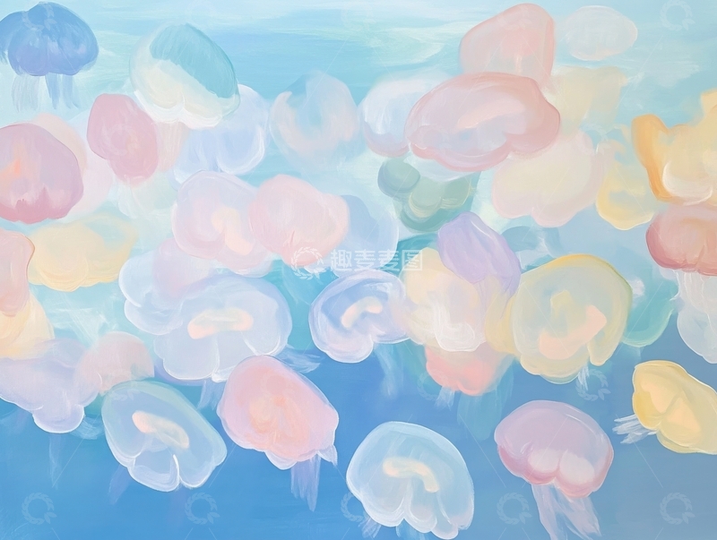 高清大图下载【趣麦麦图】梦幻水母群游动于浅蓝海洋