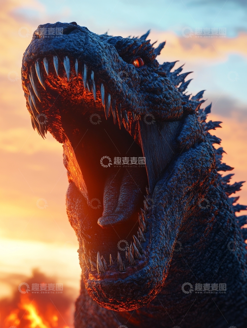 高清大图下载【趣麦麦图】巨兽怒吼，夕阳映衬