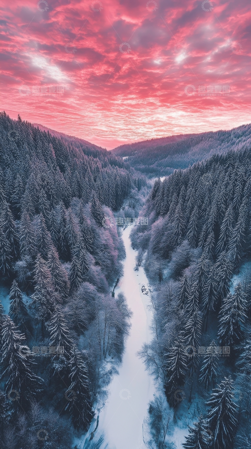 高清大图下载【趣麦麦图】冬日森林雪景，夕阳映红天际