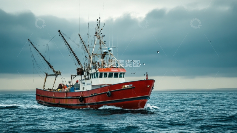 高清大图下载【趣麦麦图】海上航行的红色渔船