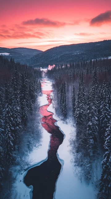 冬日森林中的蜿蜒河流