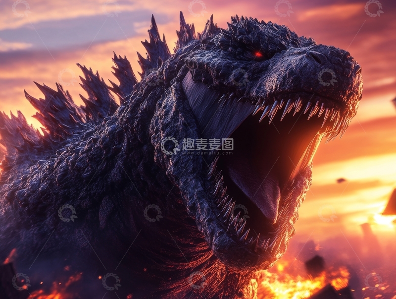 高清大图下载【趣麦麦图】巨兽怒吼，夕阳下的震撼场景
