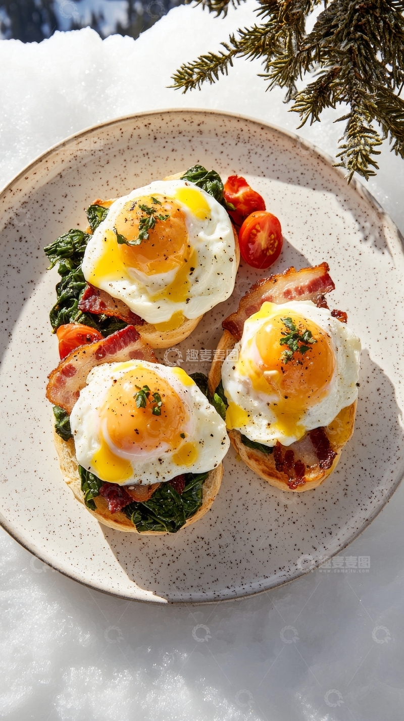 高清大图下载【趣麦麦图】雪地上的荷包蛋配培根早餐