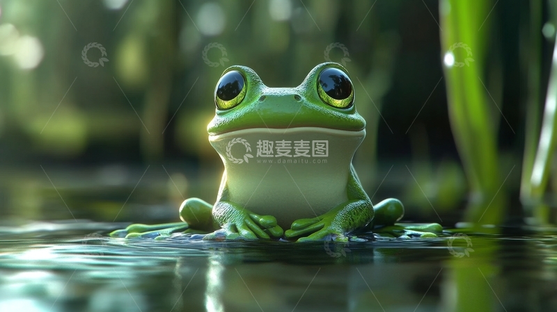 高清大图下载【趣麦麦图】水面上的绿色青蛙