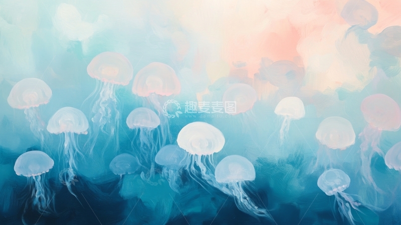 高清大图下载【趣麦麦图】梦幻水母群在色彩斑斓的海洋中漂浮