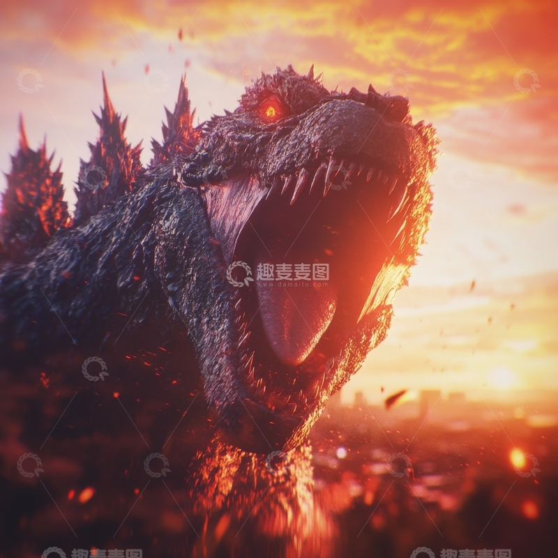 高清大图下载【趣麦麦图】巨兽咆哮，夕阳映照