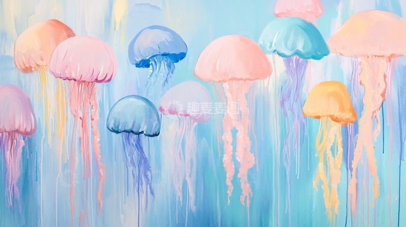 高清大图下载【趣麦麦图】多彩水母在蓝色海洋中漂浮