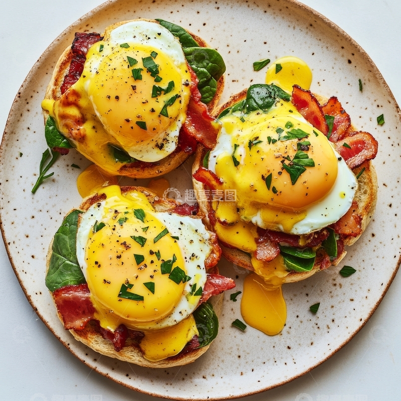 高清大图下载【趣麦麦图】三份班尼迪克蛋配培根和菠菜