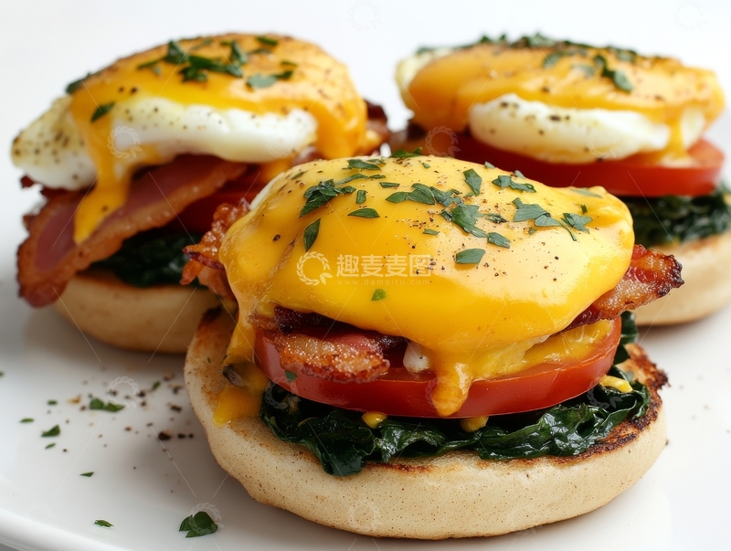 高清大图下载【趣麦麦图】英式松饼配煎蛋培根和融化的奶酪