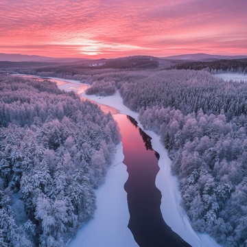 冬日森林河流夕阳美景