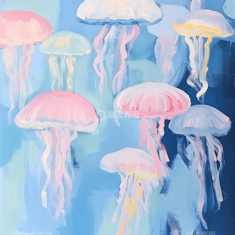 高清大图下载【趣麦麦图】梦幻水母群游动于蓝色海洋