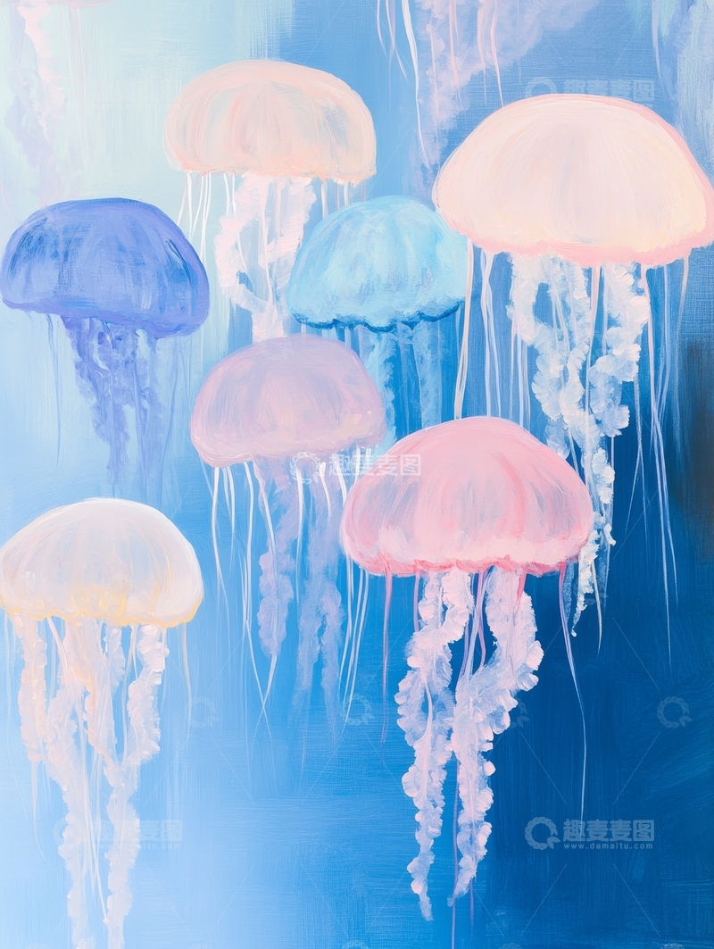 高清大图下载【趣麦麦图】色彩斑斓的水母在蓝色背景中漂浮