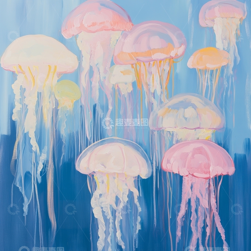 高清大图下载【趣麦麦图】蓝色海洋中的粉色水母群