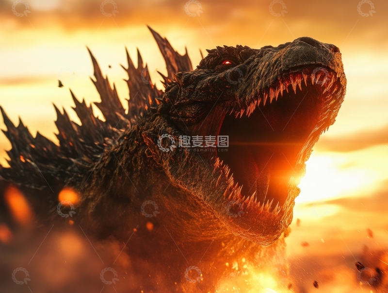 高清大图下载【趣麦麦图】巨兽怒吼，夕阳映照