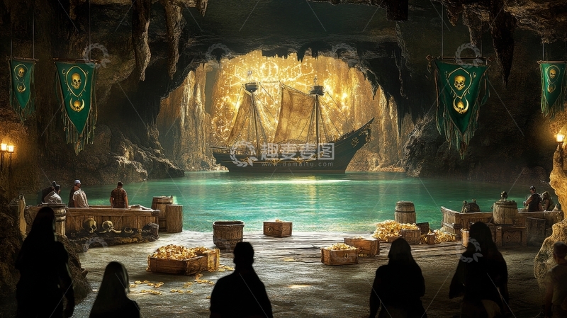 高清大图下载【趣麦麦图】神秘洞穴中的宝藏与帆船