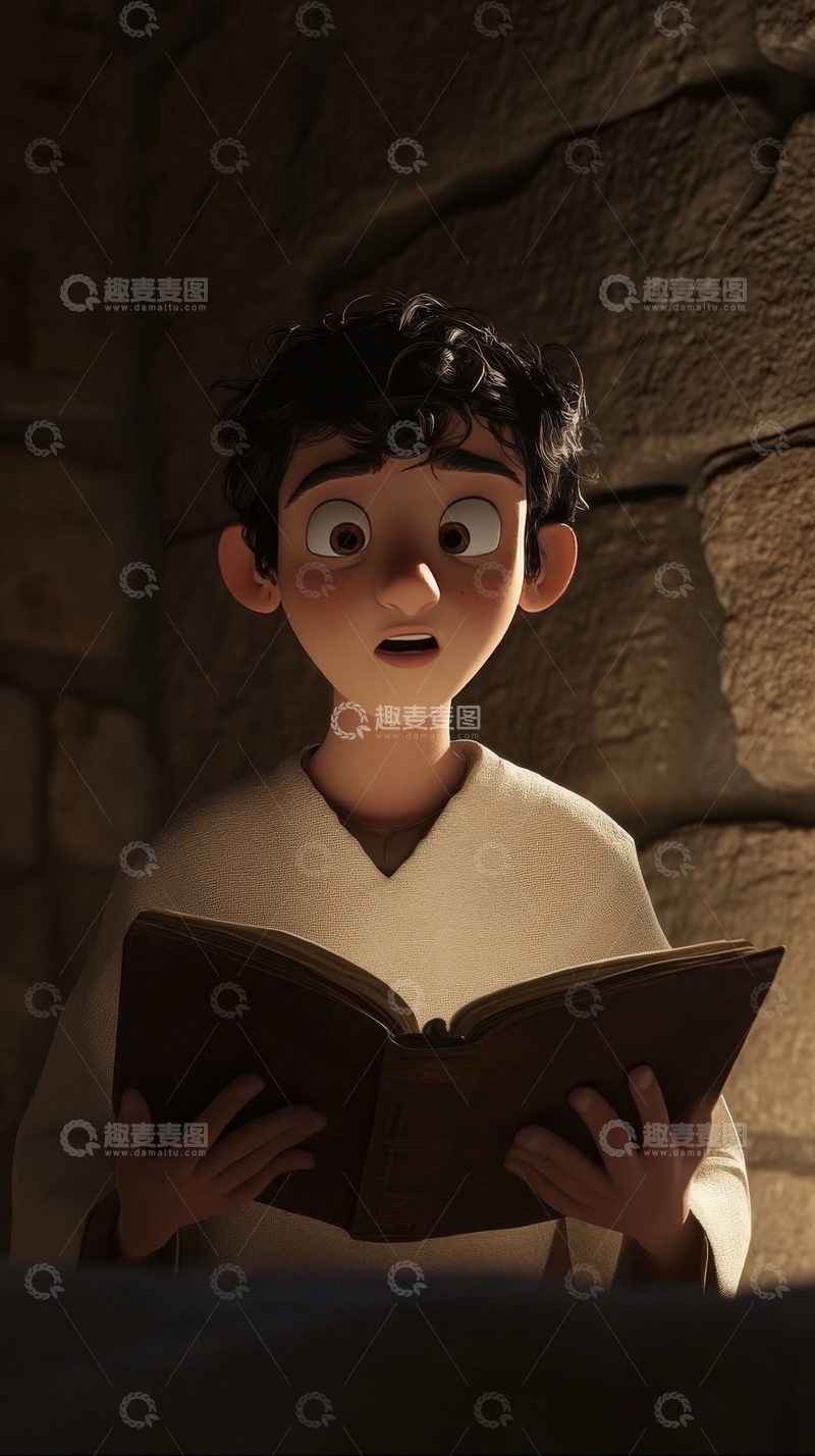 高清大图下载【趣麦麦图】少年在石墙旁专注阅读