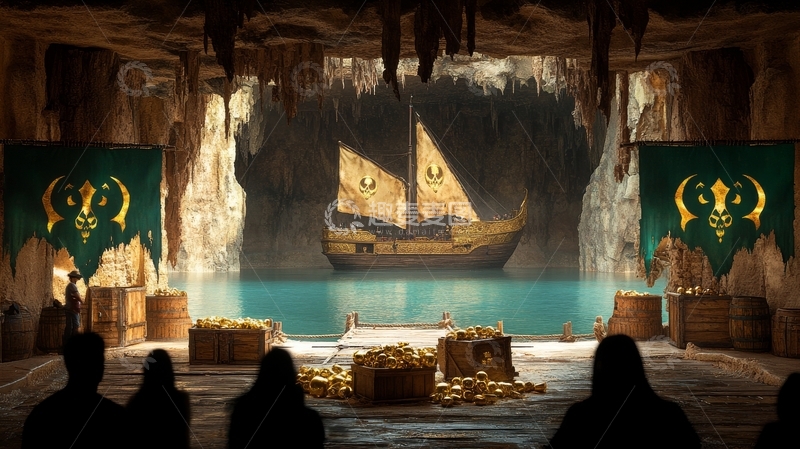 高清大图下载【趣麦麦图】洞穴码头，帆船停泊，旗帜飘扬