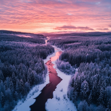 冬日森林河流夕阳美景