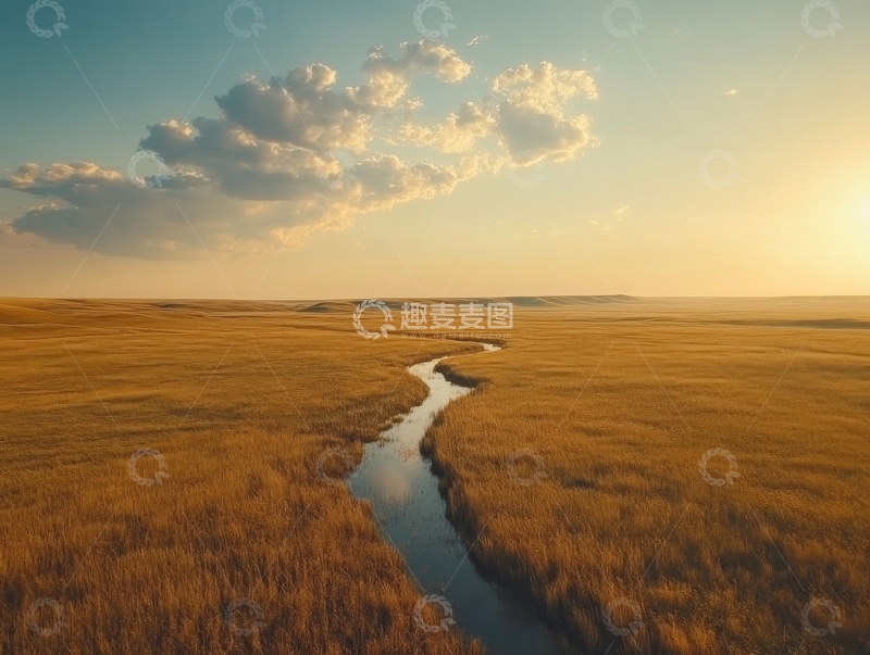 高清大图下载【趣麦麦图】夕阳下的草原溪流