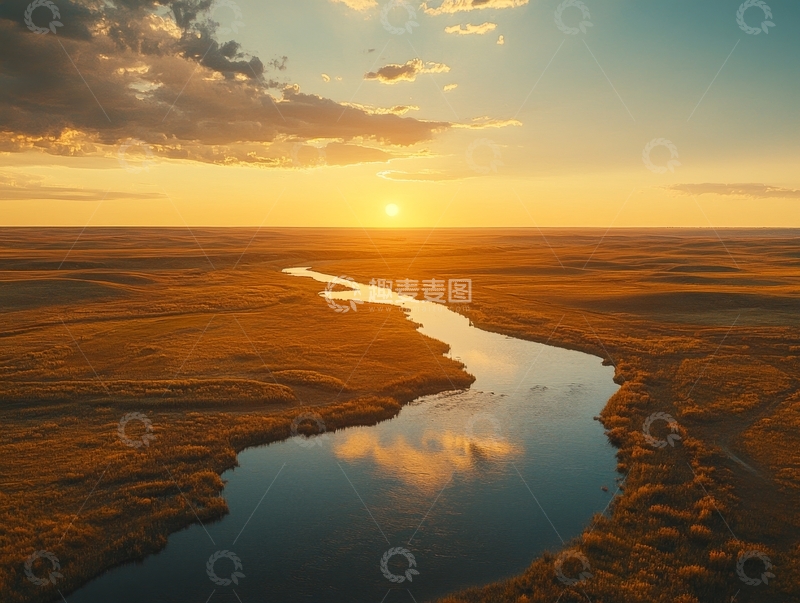 高清大图下载【趣麦麦图】夕阳下的蜿蜒河流与草原