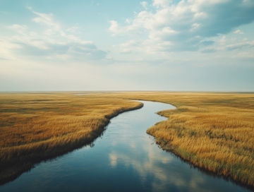 蜿蜒河流穿过金黄草地