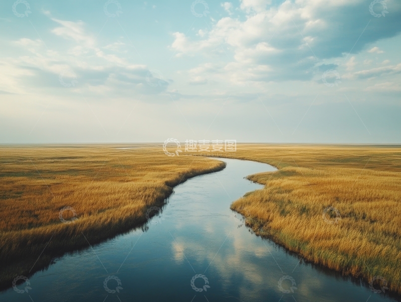 高清大图下载【趣麦麦图】蜿蜒河流穿过金黄草地