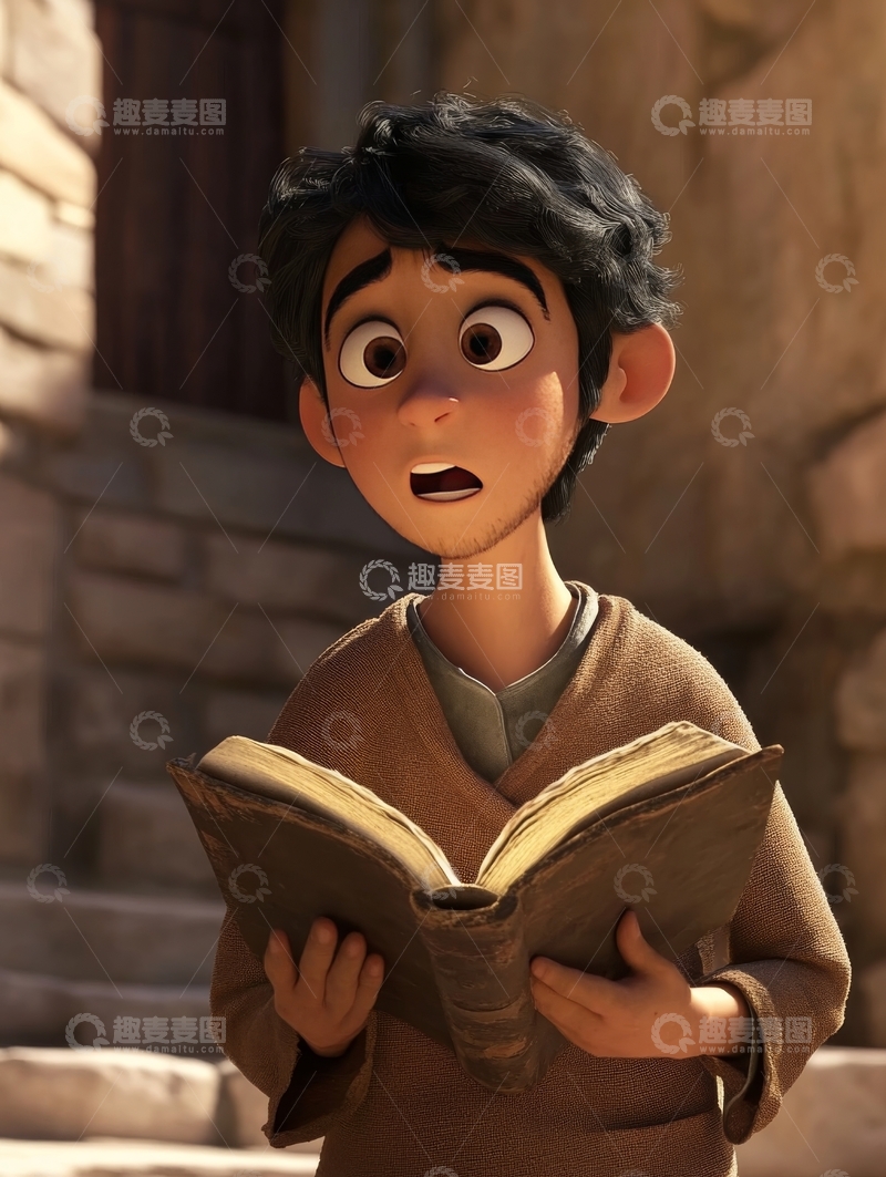 高清大图下载【趣麦麦图】男孩阅读古书，表情惊讶