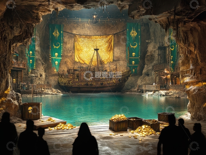 高清大图下载【趣麦麦图】神秘洞穴中的宝藏与帆船