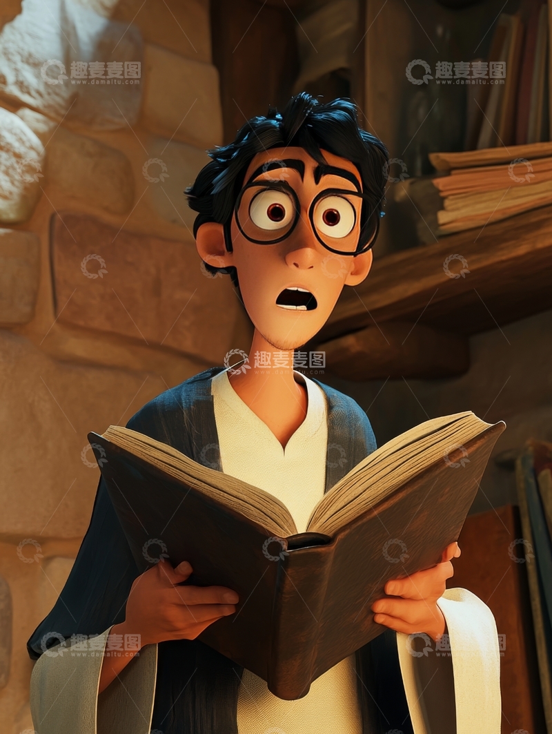 高清大图下载【趣麦麦图】惊讶的男孩正在阅读一本书