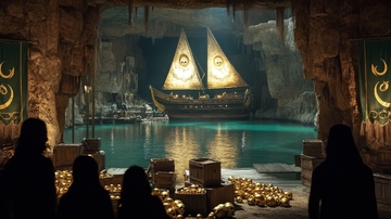 洞穴中的神秘船只与烛光