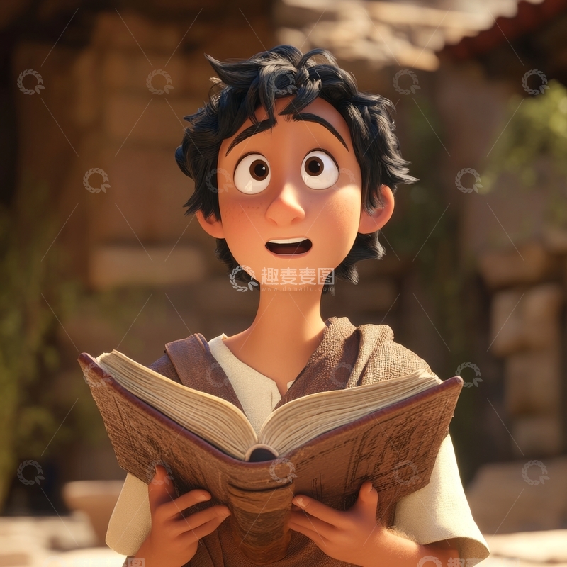 高清大图下载【趣麦麦图】男孩专注阅读古书