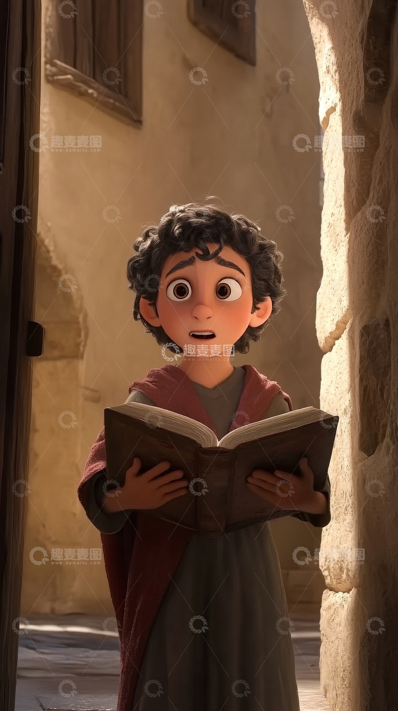 高清大图下载【趣麦麦图】少年在古巷中专注阅读
