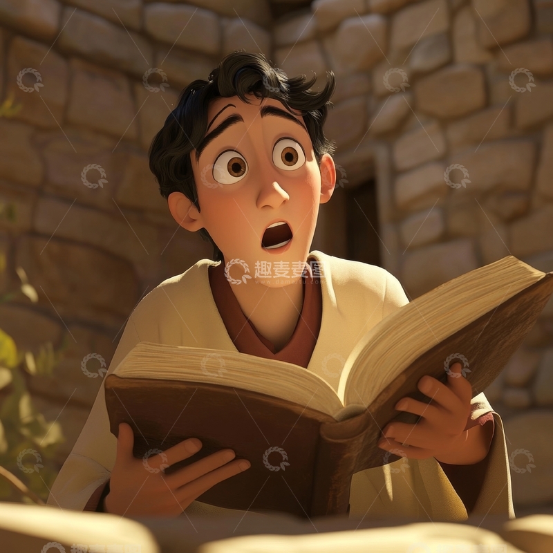 高清大图下载【趣麦麦图】惊讶的男孩正在阅读一本书
