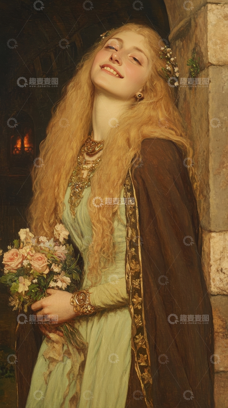 高清大图下载【趣麦麦图】金发女子手持花束，身着复古服饰
