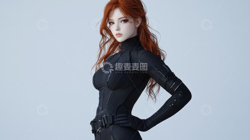 红发女子身穿黑色紧身衣