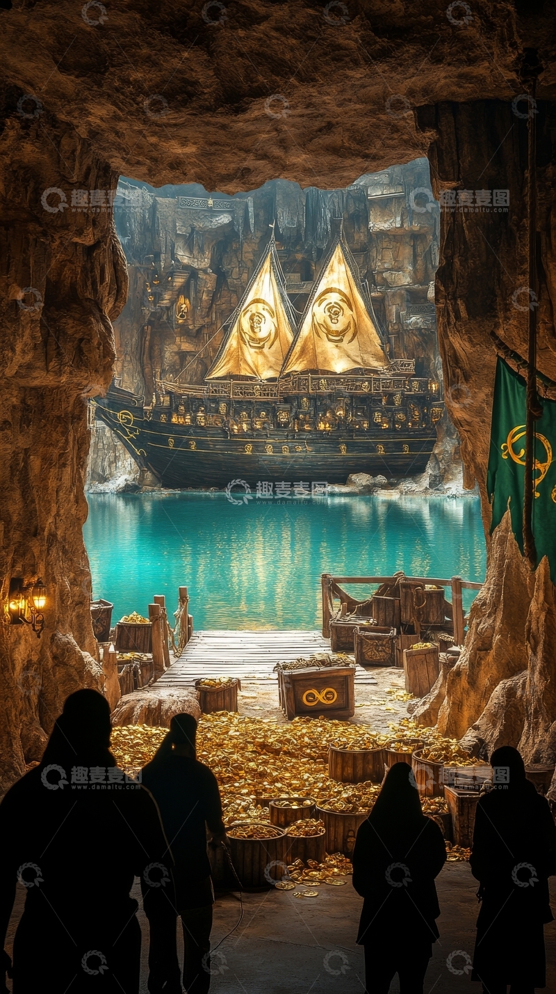 高清大图下载【趣麦麦图】洞穴中的黄金宝藏与神秘帆船